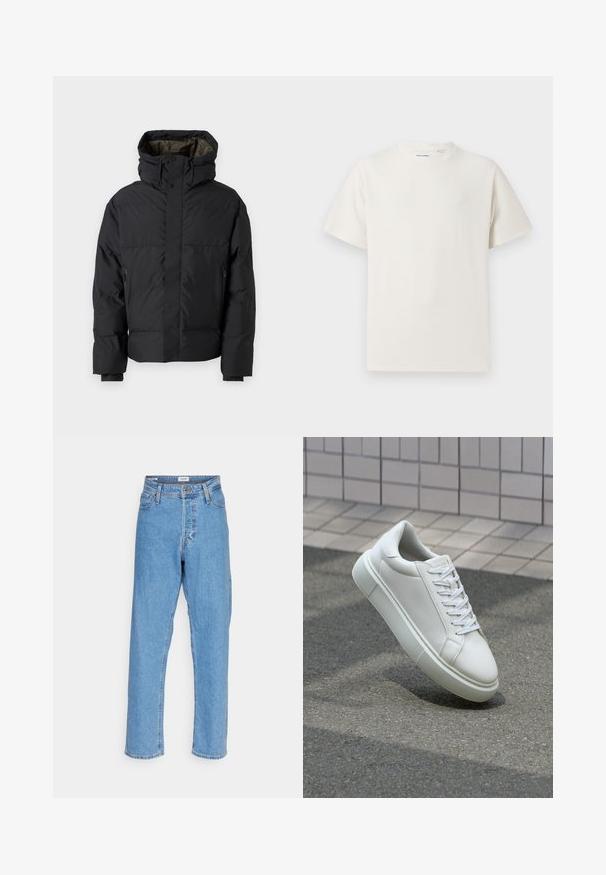 Jachetă puffer neagră, cu gât înalt, două fermoare, buzunare laterale și glugă. Are un exterior neted și un interior căptușit.; Tricou alb cu maneci scurte, dintr-un material ribbed. Guler rotund, croi lejer, fără modele sau accente vizibile. Design simplu și versatil.; Jeans drepti, cu talie înaltă, de culoare bleu deschis, cu închidere frontală cu nasture și fermoar, bucle pentru curea și design cu cinci buzunare, pe fundal alb.; Sneaker alb din piele cu o suprafață netedă, vârf rotund și șireturi plate albe. Dispune de o talpă din cauciuc texturată și elemente de design minimale.