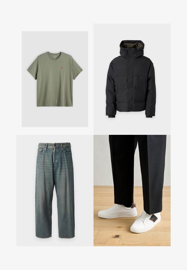 Black puffer jacket with a high neck, dual zippers, side pockets, and a hood. Features a smooth exterior and lined interior.; Olive green cotton t-shirt with a round neckline and short sleeves, featuring a small red Levi's logo stitched on the left chest.; Light blue denim jeans with a loose fit, mid-rise waist, and straight legs. Features five pockets, belt loops, and a button closure.; White sneakers with smooth texture, featuring brown leather accents and black detailing, paired with black tailored pants. Wooden floor background.