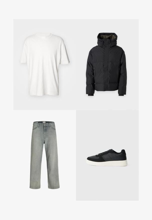 Svart puffjakke med høy krage, doble glidelåser, sidelommer og hette. Har en jevn overflate og foret innside.; Abercrombie & Fitch VINTAGE CREAM - T-shirts - white sand; Lys grå, løstsittende jeans laget av denim. Har en klassisk fem-lomme-design, beltehemper og en rett ben-silhuett.; Svart lavtopp sneakers med teksturert lær og semskede paneler, hvit gummisåle og svarte snørebånd på en enkel lys bakgrunn.