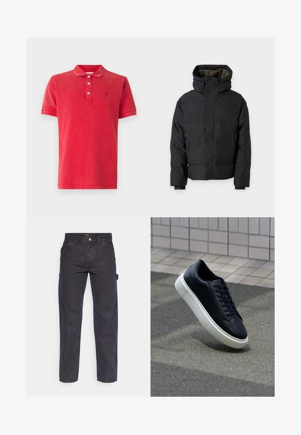 Schwarze Pufferjacke mit hohem Kragen, doppelten Reißverschlüssen, seitlichen Taschen und Kapuze. Merkmale sind ein glatter Außenstoff und ein gefüttertes Innenfutter.; Rotes Poloshirt aus weichem Baumwollstoff, mit klassischem Kragen, vier Knopfleisteneingang und dezentem Logo-Akzent auf der Brust. Kurze Ärmel.; Dunkelgraue Cargo-Hosen aus strapazierfähigem Stoff, mit geradem Bein, fünf Taschen und einem Knopfverschluss an der Taille.; Schwarze Leder-Sneaker mit runder Zehenpartie und weißer Gummisohle. Verfügt über flache Schnürsenkel und minimale Nähte im Obermaterial. Strukturiertes Sohlenprofil für besseren Halt.