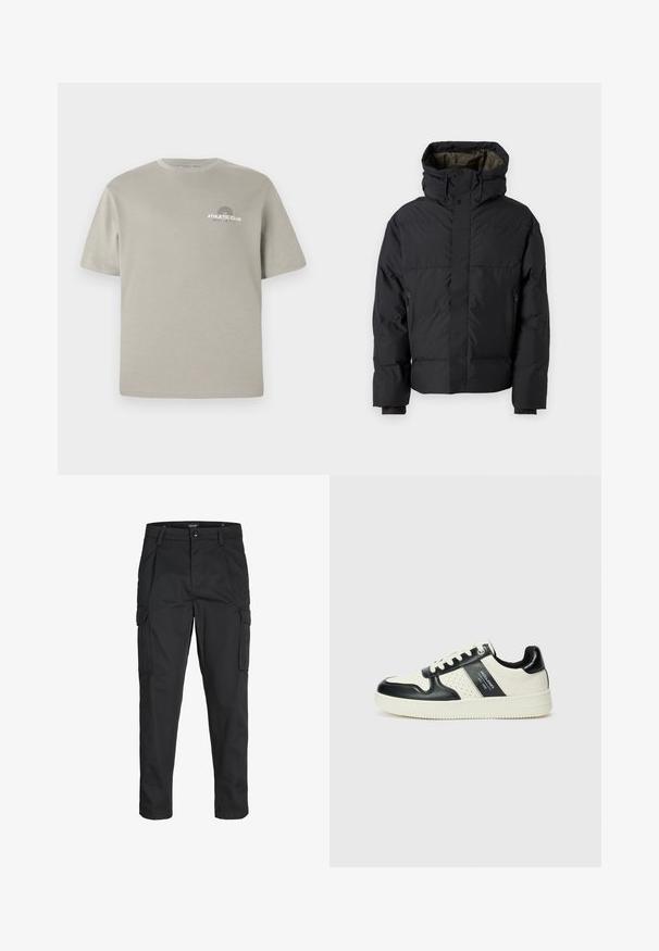 Black puffer jacket with a high neck, dual zippers, side pockets, and a hood. Features a smooth exterior and lined interior.; Light gray cotton t-shirt with short sleeves, round neckline, and a small "ATHLETIC CLUB" graphic on the chest. Smooth texture.; Black cargo pants made of sturdy fabric, featuring multiple pockets, a button closure, and a slim fit design with tapered legs.; Leather sneakers with a black and cream color scheme, featuring perforated accents, a padded collar, and a textured outsole.