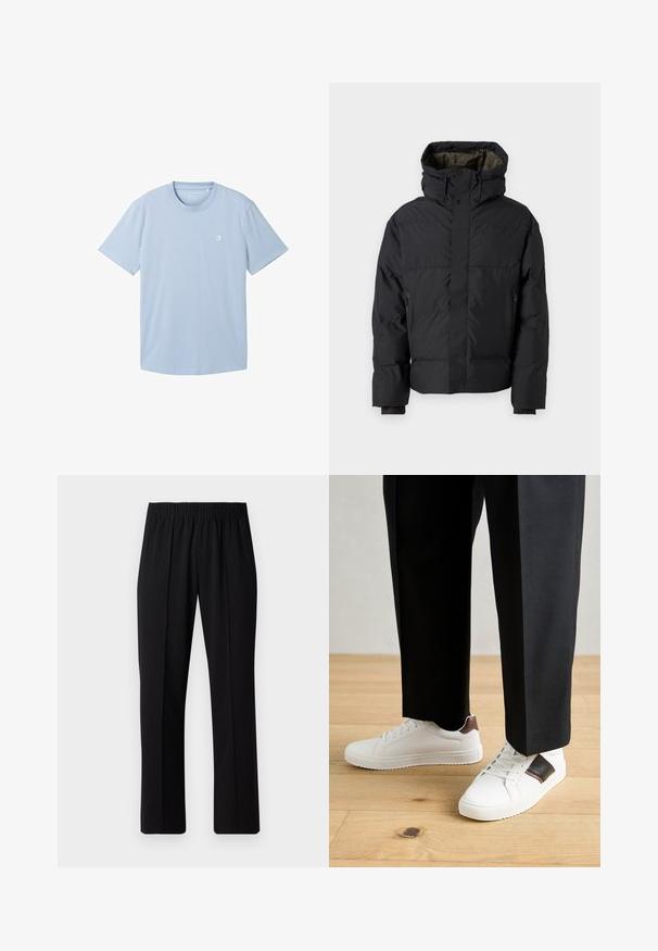 Jachetă puffer neagră, cu gât înalt, două fermoare, buzunare laterale și glugă. Are un exterior neted și un interior căptușit.; Tricou scurt, de culoare albastru deschis, fabricat dintr-un material moale, cu guler rotund și un mic logo în zona stângă a pieptului. Textură simplă.; Pantaloni negri cu talie elastică, cu un design cu picioare drepte, având o textură netedă și fără modele sau accesorii vizibile.; Sneakers albe cu textură netedă, având accente din piele maro și detalii negre, asociate cu pantaloni negri pe măsură. Fundal din podea din lemn.