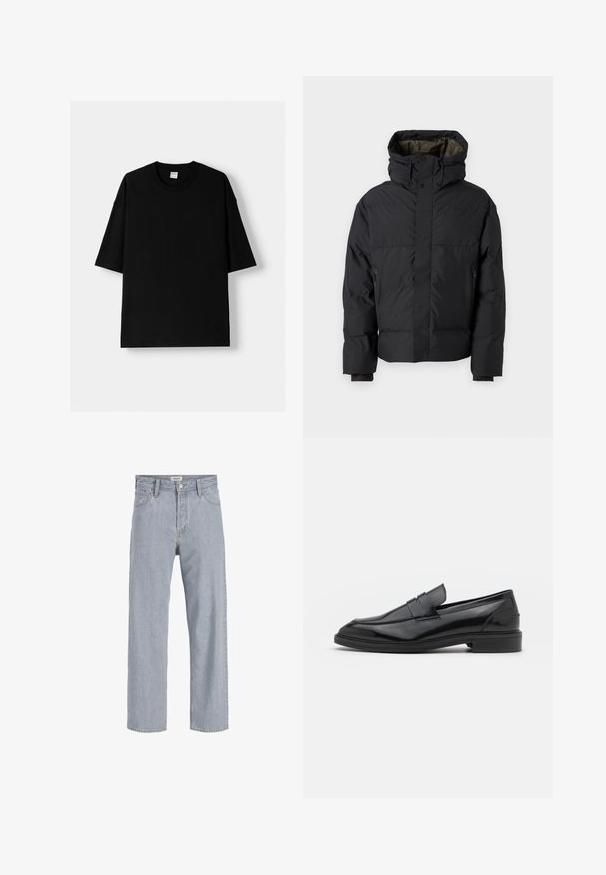 Fekete puffdzseki magas nyakkal, dupla cipzárral, oldalsó zsebekkel és kapucnival. Simább külső és bélelt belső jellemzi.; Fekete pamut póló rövid ujjú, kerek nyakkivágással és laza szabással. Simább textúrával és minimalista dizájnnal rendelkezik, minta vagy díszítés nélkül.; Világoskék farmernadrág, laza szabású, egyenes lábú kialakítással, látható varrással, két elülső zsebbel és gombos záródással.; Fekete bőrcipók sima felülettel, kerek orral és keskeny sávval a felsőrészen. Alacsony, rétegelt sarkú.