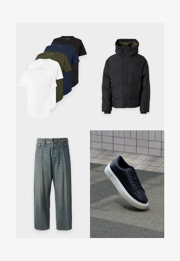 Black puffer jacket with a high neck, dual zippers, side pockets, and a hood. Features a smooth exterior and lined interior.; Five plain short-sleeve crewneck t-shirts in white, olive green, navy blue, and black, arranged in a layered stack.; Light blue denim jeans with a loose fit, mid-rise waist, and straight legs. Features five pockets, belt loops, and a button closure.; Black leather sneaker with rounded toe and white rubber sole. Features flat laces and minimal stitching on the upper. Textured sole for grip.