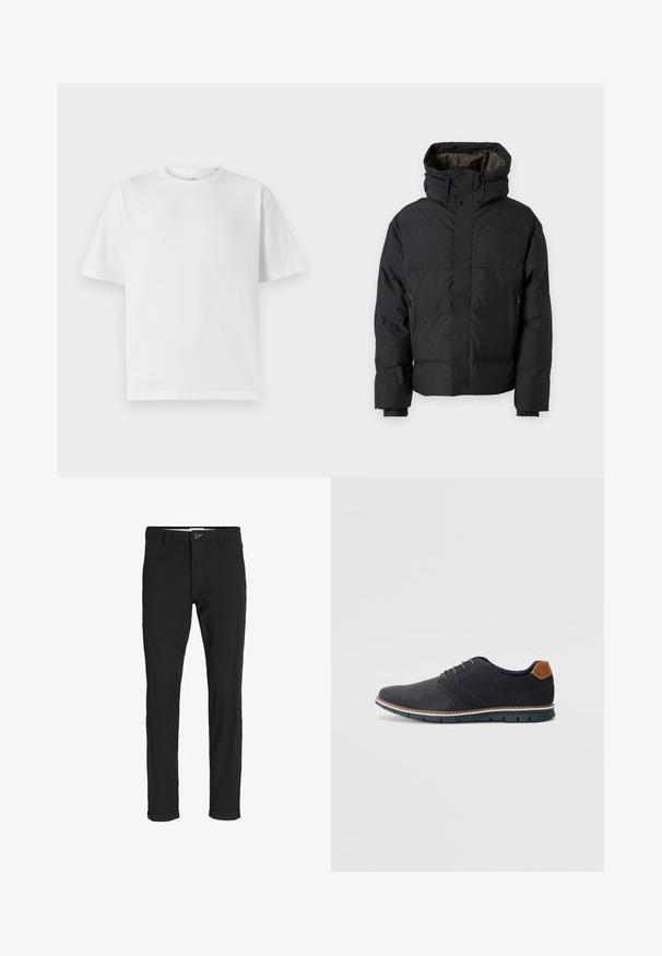 Chaqueta acolchada negra con cuello alto, doble cremallera, bolsillos laterales y capucha. Presenta un exterior suave y un interior forrado.; Camiseta de algodón blanca con cuello redondo y mangas cortas. Presenta un corte holgado y una textura suave. Sin patrones ni gráficos visibles.; Pantalones de mezcla de algodón negros con corte ajustado, que presentan un cierre de botón, bolsillos y puños enrollados para un acabado casual.; Zapatos sintéticos negros con un upper texturizado, acentos lisos, tacón marrón y una suela en contraste. Presenta un cordón mínimo y detalles de costura.