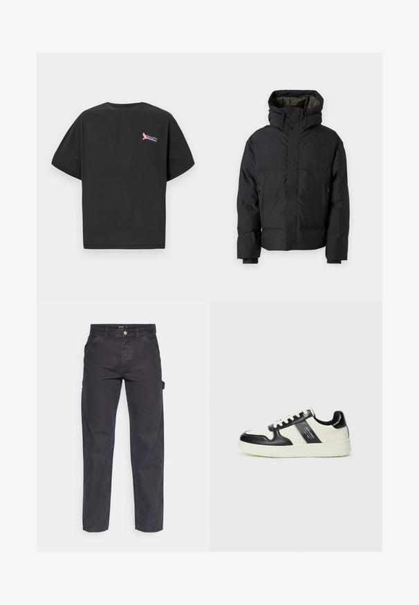 Schwarze Pufferjacke mit hohem Kragen, doppelten Reißverschlüssen, seitlichen Taschen und Kapuze. Merkmale sind ein glatter Außenstoff und ein gefüttertes Innenfutter.; Schwarzes Baumwoll-T-Shirt mit kurzen Ärmeln, auf der linken Brust mit einem bunten "Paradiso Airlines"-Logo versehen. Standard Rundhals-Design.; Dunkelgraue Cargo-Hosen aus strapazierfähigem Stoff, mit geradem Bein, fünf Taschen und einem Knopfverschluss an der Taille.; Leder-Sneaker in Schwarz- und Cremetönen, mit perforierten Akzenten, einem gepolsterten Kragen und einer strukturierten Laufsohle.