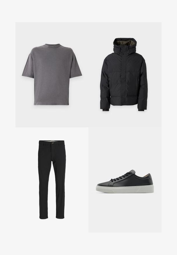 Černá péřová bunda s vysokým límcem, dvojitými zipy, bočními kapsami a kapucí. Má hladký povrch a podšívku.; Tričko s krátkým rukávem a kulatým výstřihem v tmavě šedé barvě z bavlněné směsi. Má uvolněný střih a jednoduchý, nezdobený design se šitými okraji.; Černé kalhoty z bavlněné směsi s úzkým střihem, s knoflíkovým zapínáním, kapsami a ohrnutými manžetami pro uvolněný vzhled.; Černé kožené tenisky s hladkým povrchem, kulatou špičkou a černými šňůrkami. Disponují silnou bílou gumovou podrážkou s jemnými geometrickými akcenty.