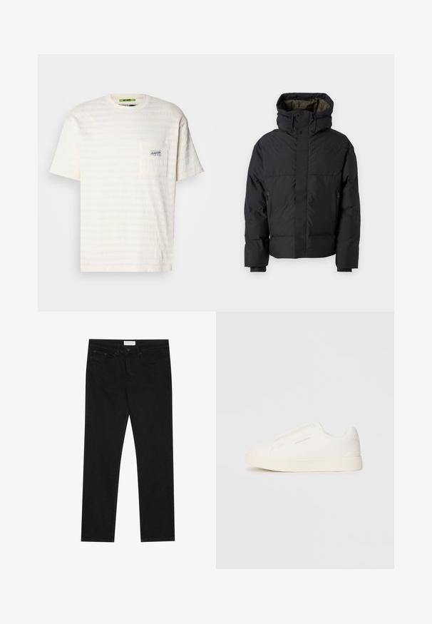 Black puffer jacket with a high neck, dual zippers, side pockets, and a hood. Features a smooth exterior and lined interior.; White T-shirt with textured pattern, crew neck, short sleeves, and a left chest pocket featuring a small logo label.; Black straight-leg jeans with five-pocket design, button and zip fly closure, and a Pier One brand label on the waistband.; White slip-on sneakers with a textured surface, a thick sole, and minimalistic design. Features brand logo on the side.