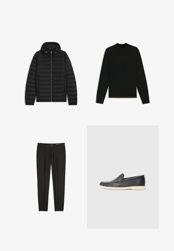 Schwarze Daunenjacke mit Kapuze, ausgestattet mit gesteppten Paneelen, einem Reißverschluss auf der Vorderseite und Seitentaschen. Enthält ein kleines Logo auf dem linken Ärmel.; Schwarzer Strickpullover mit langen Ärmeln und hohem Kragen. Verfügt über einen goldenen Akzent am Saum. Glatte Textur und taillierte Passform.; Schwarze maßgeschneiderte Hose aus glattem Stoff mit Gürtelschlaufen, Seiten- und frontalen Reißverschluss-Taschen. Slim-Fit-Design.; Schwarze Leder-Slipper mit strukturiertem Finish und einer kontrastierenden beige Gummisohle. Mit einem dezenten Akzent an der Vorderseite.