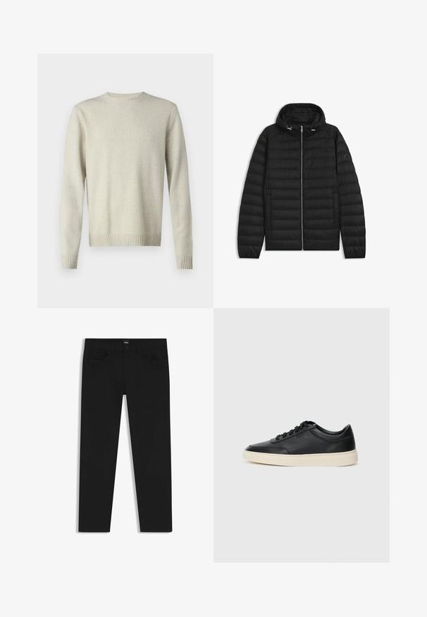 Schwarze Daunenjacke mit Kapuze, ausgestattet mit gesteppten Paneelen, einem Reißverschluss auf der Vorderseite und Seitentaschen. Enthält ein kleines Logo auf dem linken Ärmel.; Helles beige Rundhals-Pullover aus weichem, strukturiertem Stoff. Verfügt über gerippte Bündchen und Saum sowie ein einfaches, minimalistisches Design.; Schwarze Denim-Hosen mit geradem Schnitt, ausgestattet mit einem Standardbund, fünf Taschen und einem Knopfverschluss. Angenehme, glatte Textur.; Schwarzer niedriger Ledersneaker mit schwarzen Schnürsenkeln und cremefarbenem Sohlenrand, seitlich auf weißem Hintergrund dargestellt.