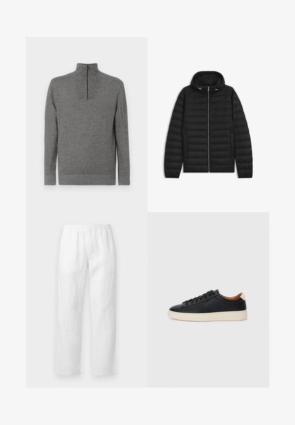 Zwarte pufferjack met een capuchon, voorzien van doorgestikte panelen, een rits aan de voorkant en zijzakken. Inclusief een klein logo op de linker mouw.; Grijze gebreide trui met lange mouwen en een kwart-rits hoge kraag, plat gepresenteerd op een witte achtergrond.; Witte linnen broek met een elastische tailleband, rechte pijpen en een zachte textuur zonder zichtbare patronen of hardwaredetails.; Zwarte leren sneakers met een gladde textuur, beige rubberen zool, vetersluiting en een contrasterende hielaccent.