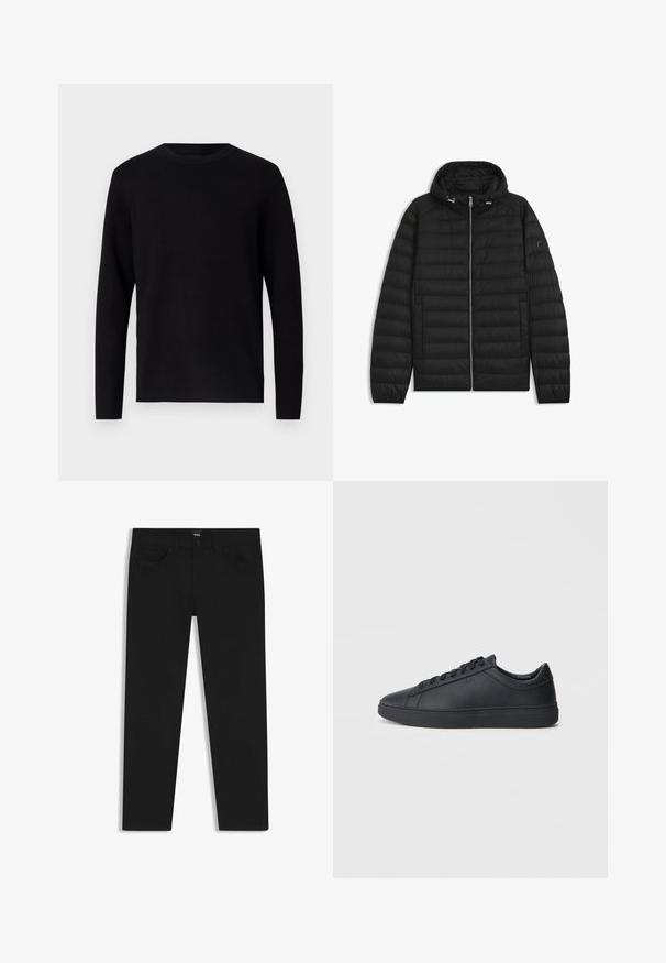 Czarna kurtka puchowa z kapturem, z pikowanymi panelami, z suwakiem z przodu i kieszeniami po bokach. Zawiera małe logo na lewym rękawie.; Czarny sweter z dzianiny z okrągłym dekoltem i długimi rękawami. Gładka tekstura i jednolity kolor, bez widocznych wzorów czy akcentów.; Czarne dżinsy o prostym kroju, z klasycznym paskiem, pięcioma kieszeniami i zapięciem na guzik. Gładka faktura na całej powierzchni.; Czarne trampki wykonane z gładkiej skóry, w niskim kroju, z okrągłym noskiem i płaską gumową podeszwą. Posiadają sznurówki oraz dyskretną markę.