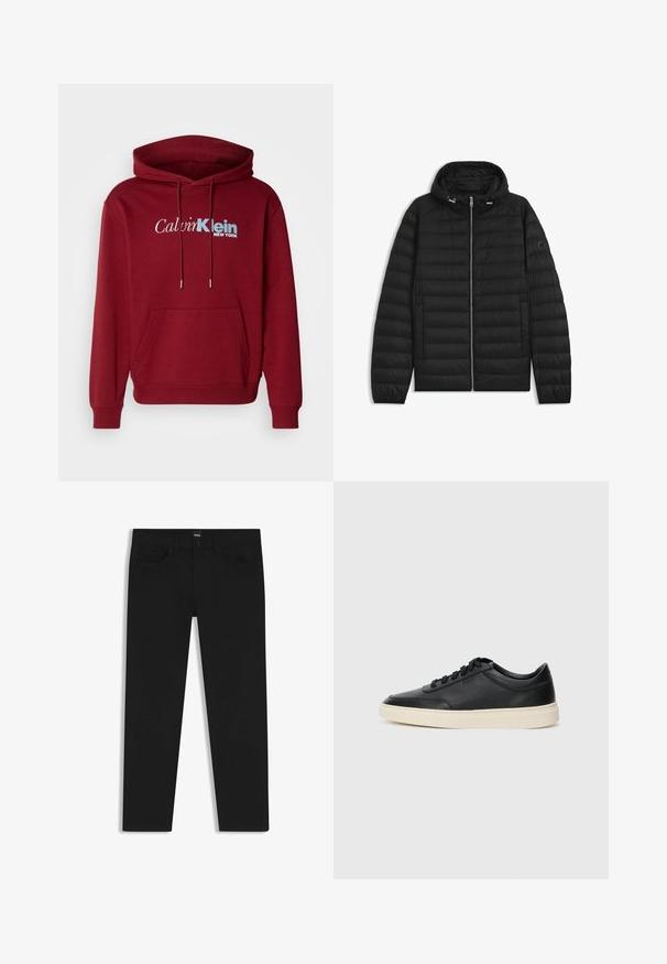 Schwarze Daunenjacke mit Kapuze, ausgestattet mit gesteppten Paneelen, einem Reißverschluss auf der Vorderseite und Seitentaschen. Enthält ein kleines Logo auf dem linken Ärmel.; Burgunderfarbener Kapuzenpullover aus Fleece mit einer Kängurutasche, gerippten Bündchen und dem Logo "Calvin Klein NEW YORK" in Weiß und Blau.; Schwarze Denim-Hosen mit geradem Schnitt, ausgestattet mit einem Standardbund, fünf Taschen und einem Knopfverschluss. Angenehme, glatte Textur.; Schwarzer niedriger Ledersneaker mit schwarzen Schnürsenkeln und cremefarbenem Sohlenrand, seitlich auf weißem Hintergrund dargestellt.