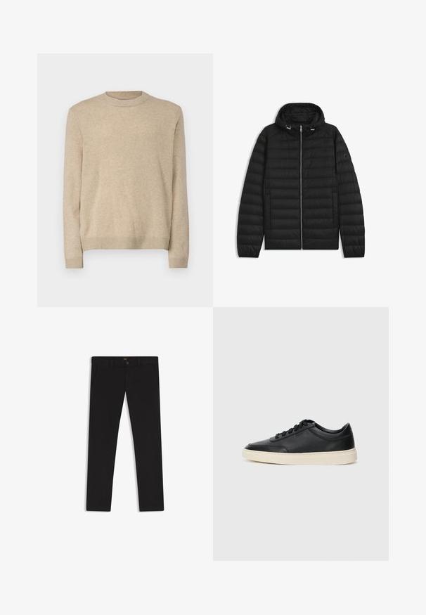 Schwarze Daunenjacke mit Kapuze, ausgestattet mit gesteppten Paneelen, einem Reißverschluss auf der Vorderseite und Seitentaschen. Enthält ein kleines Logo auf dem linken Ärmel.; Beige Wollpullover mit langen Ärmeln, runder Ausschnitt und gerippten Bündchen und Saum. Weiche Textur und klassischer Schnitt ohne Verzierungen.; Schwarze Hosen aus einem Stoff mit glatter текстуре. Verfügt über einen Knopfverschluss, Gürtelschlaufen und Seitentaschen. Klassisches Design mit geradem Bein.; Schwarzer niedriger Ledersneaker mit schwarzen Schnürsenkeln und cremefarbenem Sohlenrand, seitlich auf weißem Hintergrund dargestellt.