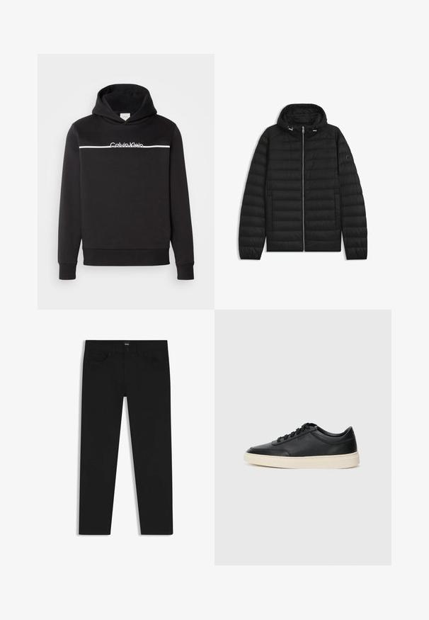 Giubbotto piumino nero con cappuccio, caratterizzato da pannelli trapuntati, una zip frontale e tasche laterali. Include un piccolo logo sulla manica sinistra.; Felpa nera in cotone con un logo bianco frontale e una striscia bianca orizzontale. Include un cappuccio con lacci e polsini aderenti.; Pantaloni in denim nero con taglio dritto, dotati di vita standard, cinque tasche e chiusura con bottone. Texture liscia su tutta la superficie.; Sneaker in pelle nera a basso profilo con lacci neri e suola avorio, mostrato di profilo su sfondo bianco.