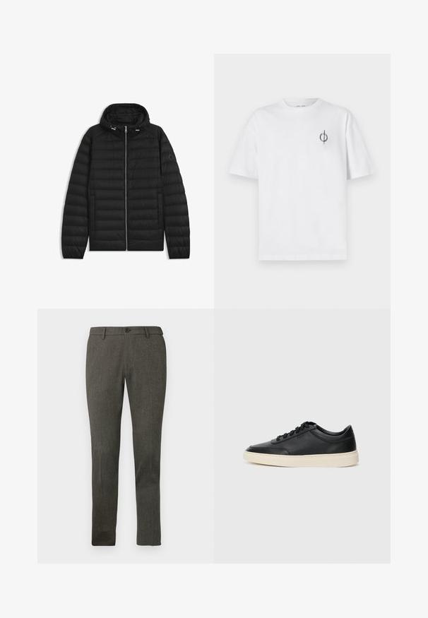 Black puffer jacket with a hood, featuring quilted panels, a front zipper, and side pockets. Includes a small logo on the left sleeve.; White cotton t-shirt with a relaxed fit, featuring a small black graphic logo on the left chest area. Short sleeves, crew neck style.; Slim-fit men's dark gray dress trousers with belt loops, front button, and subtle textured fabric.; Black low-top leather sneaker with black laces and off-white sole shown in side profile on white background.