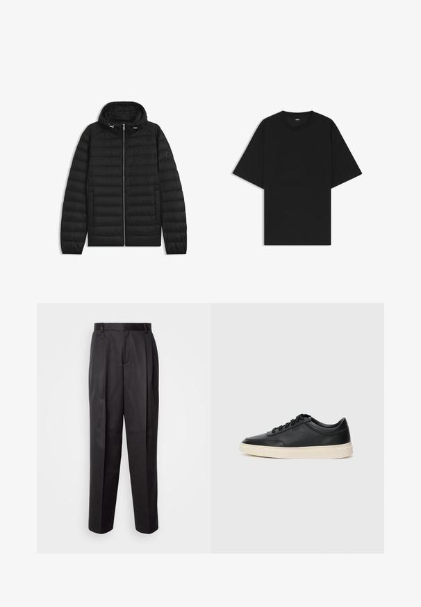 Sort puffjakke med hætte, der har quiltede paneler, en frontlynlås og sidelommer. Inkluderer et lille logo på venstre ærme.; Sort kortærmet T-shirt med rund hals og afslappet pasform samt en lille "BOSS"-etiket på indersiden af kraven.; Sorte bukser lavet af et glat stof, med lige snit, frontfolder og bæltestropper, samt en skræddersyet og struktureret design.; Sort lavt top lædersneaker med sorte snørebånd og off-white sål vist i sideprofil på hvid baggrund.