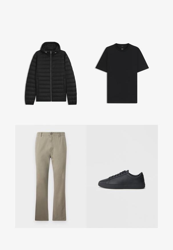 Schwarze Daunenjacke mit Kapuze, ausgestattet mit gesteppten Paneelen, einem Reißverschluss auf der Vorderseite und Seitentaschen. Enthält ein kleines Logo auf dem linken Ärmel.; Schwarz T-Shirt mit kurzen Ärmeln aus einem glatten Baumwollmix, mit Rundhalsausschnitt und einem minimalistischen Design ohne Muster oder Akzente.; Beige Baumwollhosen mit geradem Schnitt, ausgestattet mit einem Knopfverschluss, Gürtelschlaufen und einer leicht strukturierten Oberfläche, geeignet für die Freizeit.; Schwarze Sneaker aus glattem Leder mit einem tiefen Design, runder Zehenform und flacher Gummi-Sohle. Mit Schnürsenkeln und dezentem Branding.