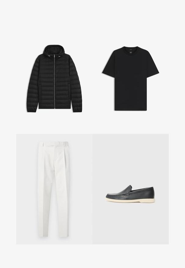Schwarze Daunenjacke mit Kapuze, ausgestattet mit gesteppten Paneelen, einem Reißverschluss auf der Vorderseite und Seitentaschen. Enthält ein kleines Logo auf dem linken Ärmel.; Schwarz T-Shirt mit kurzen Ärmeln aus einem glatten Baumwollmix, mit Rundhalsausschnitt und einem minimalistischen Design ohne Muster oder Akzente.; Weiße Hosen mit strukturierter Oberfläche, flacher Front mit Falten, schmalem Schnitt und glattem Bund.; Schwarze Leder-Slipper mit strukturiertem Finish und einer kontrastierenden beige Gummisohle. Mit einem dezenten Akzent an der Vorderseite.