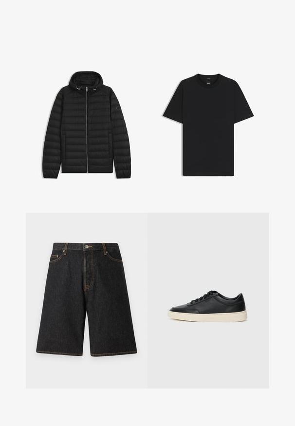 Sort puffjakke med hætte, der har quiltede paneler, en frontlynlås og sidelommer. Inkluderer et lille logo på venstre ærme.; Sort kortærmet T-shirt lavet af en glat bomuldsblanding, med en rund halsudskæring og et minimalistisk design uden mønstre eller accenter.; Sorte denimshorts med lige ben, prydet med orange syninger, fem lommer og en metalknaplukning i linningen.; Sort lavt top lædersneaker med sorte snørebånd og off-white sål vist i sideprofil på hvid baggrund.