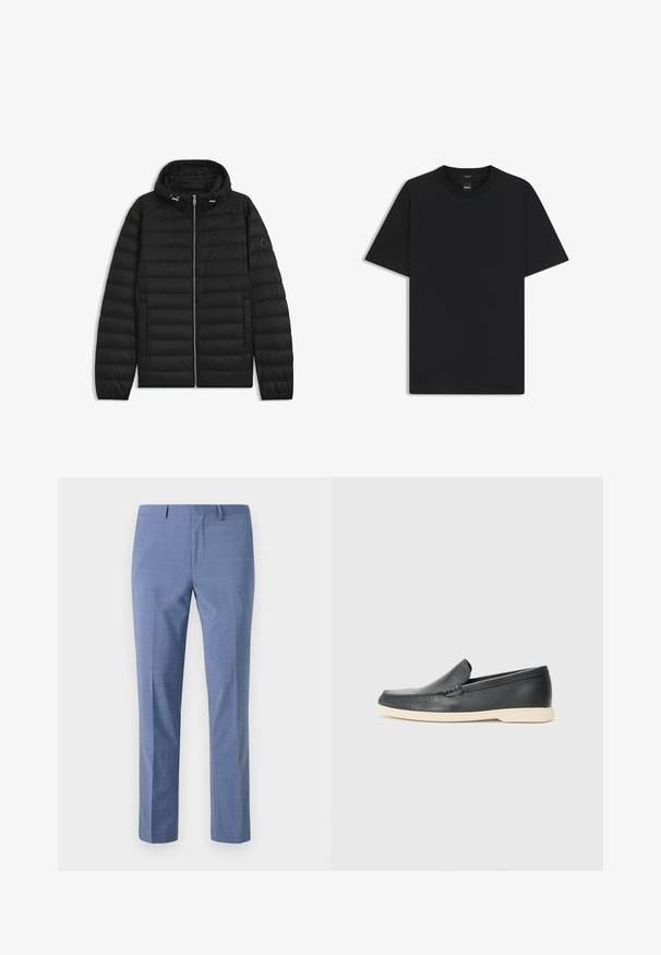 Svart puffjacka med huva, med quiltade paneler, framdragkedja och sidofickor. Inkluderar en liten logotyp på vänster ärm.; Svart kortärmad T-shirt i en mjuk bomullsblandning, med rundad halsringning och en minimalistisk design utan mönster eller detaljer.; Ljusblå kostymbyxor, skräddarsydd passform, texturerat tyg, slät front, snedställda sidfickor och en slät midja med bälteshällor.; Svarta läder slip-on loafers med en texturerad yta och en kontrasterande beige gummisula. Har en subtil accent längs fram.