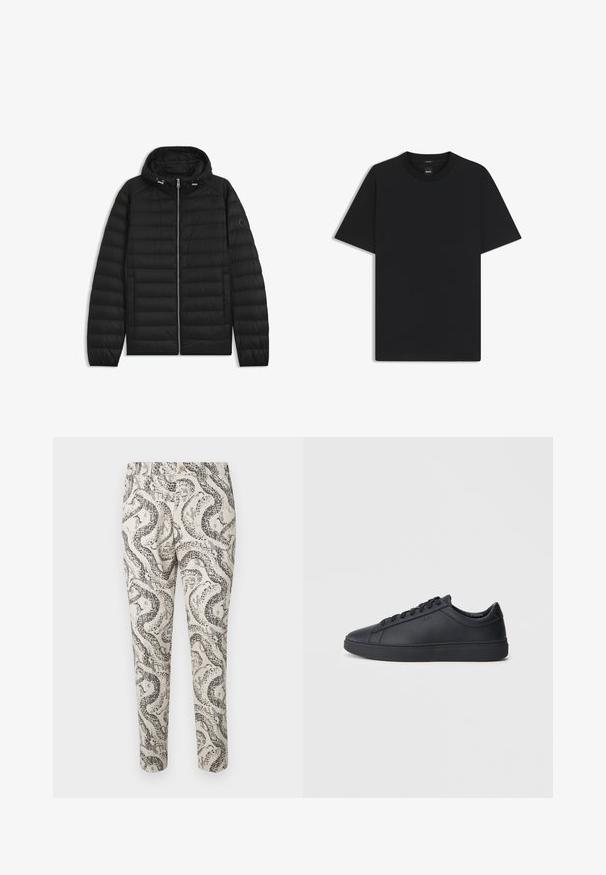 Black puffer jacket with a hood, featuring quilted panels, a front zipper, and side pockets. Includes a small logo on the left sleeve.; Black short-sleeve T-shirt made from a smooth cotton blend, featuring a crew neckline and a minimalistic design with no patterns or accents.; Patterned trousers featuring a snake design in black and gray on a light beige background, with a button closure and slim fit.; Black sneakers made of smooth leather with a low-top design, round toe, and flat rubber sole. Features laces and subtle branding.