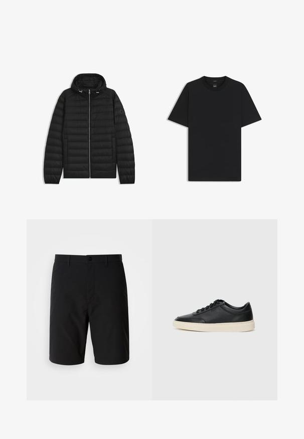 Black puffer jacket with a hood, featuring quilted panels, a front zipper, and side pockets. Includes a small logo on the left sleeve.; Black short-sleeve T-shirt made from a smooth cotton blend, featuring a crew neckline and a minimalistic design with no patterns or accents.; Black shorts made of a smooth, lightweight fabric. They feature a button closure and a clean, straight cut with no visible patterns.; Black low-top leather sneaker with black laces and off-white sole shown in side profile on white background.