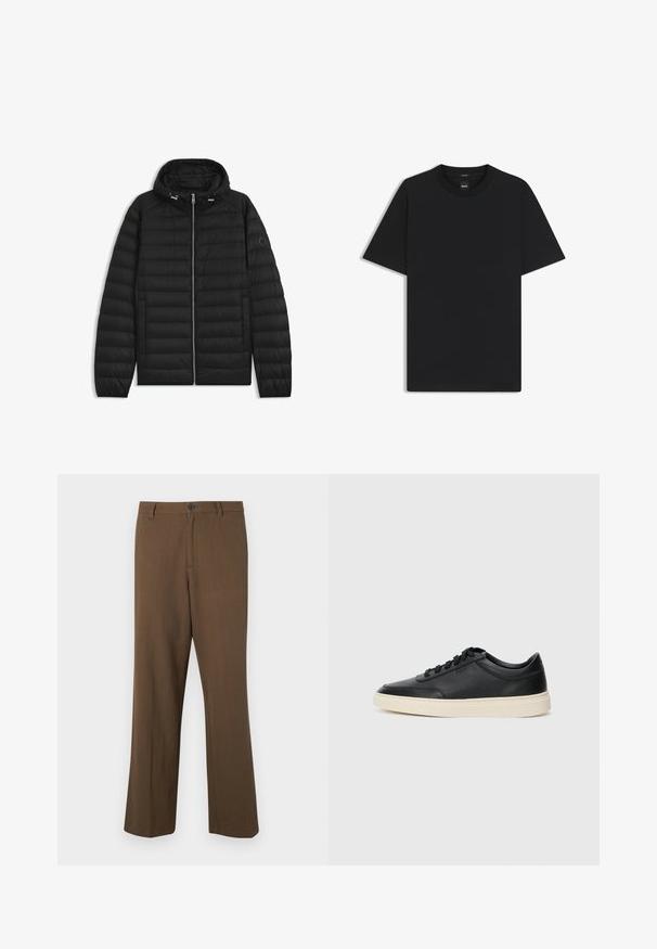 Doudoune noire avec capuche, dotée de panneaux matelassés, d'une fermeture éclair à l'avant et de poches latérales. Comprend un petit logo sur la manche gauche.; T-shirt noir à manches courtes en coton mélangé doux, avec un col rond et un design minimaliste sans motifs ni accents.; Pantalons marron à jambes droites en tissu texturé, avec une fermeture à bouton et une taille standard, dotés de poches latérales et de coutures ajustées.; Baskets en cuir noires à tiges basses avec lacets noirs et semelle ivoire, présentées en profil latéral sur fond blanc.