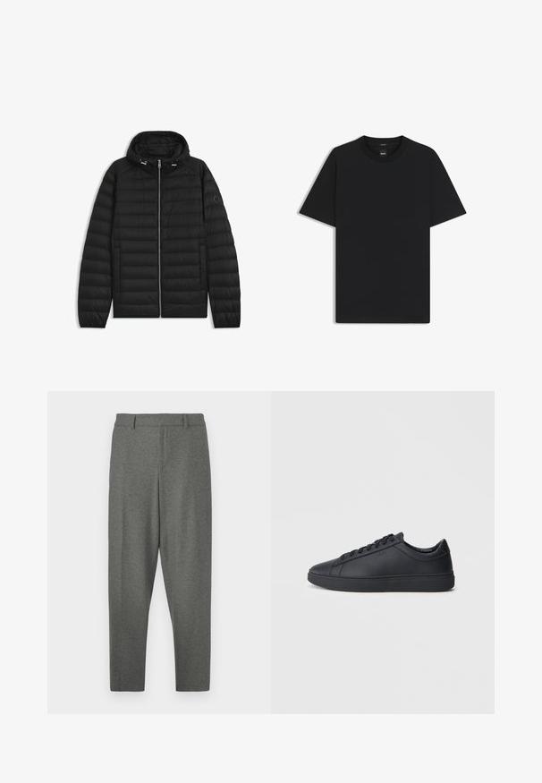 Zwarte pufferjack met een capuchon, voorzien van doorgestikte panelen, een rits aan de voorkant en zijzakken. Inclusief een klein logo op de linker mouw.; Zwarte korte mouwen T-shirt van een gladde katoenmix, met een ronde halslijn en een minimalistisch ontwerp zonder patronen of accenten.; Grijze op maat gemaakte broeken van een zachte stof. Heeft een tailleband, riemlussen en een taps toelopend ontwerp. Soepele textuur, zonder patronen.; Zwarte sneakers van glad leer met een lage schacht, ronde neus en platte rubberen zool. Voorzien van veters en subtiele branding.