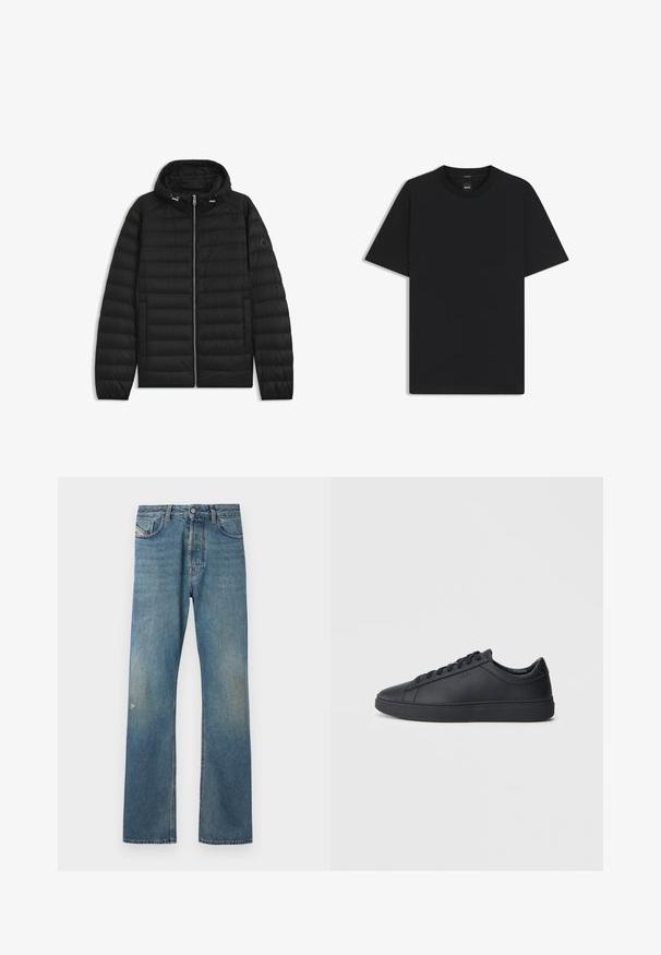 Black puffer jacket with a hood, featuring quilted panels, a front zipper, and side pockets. Includes a small logo on the left sleeve.; Black short-sleeve T-shirt made from a smooth cotton blend, featuring a crew neckline and a minimalistic design with no patterns or accents.; Blue denim jeans with a straight leg design, featuring a slight fade, front pockets, and a button closure at the waistband.; Black sneakers made of smooth leather with a low-top design, round toe, and flat rubber sole. Features laces and subtle branding.