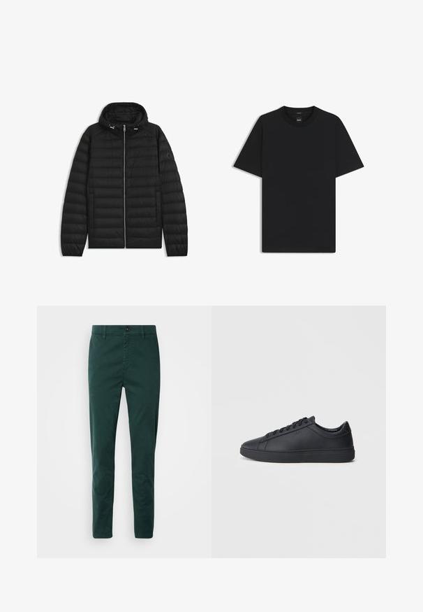 Musta puhvitakki hupparilla, jossa on tikatut paneelit, etuvetoketju ja sivutaskut. Mukana on pieni logo vasemmassa hihassa.; Musta lyhythiha T-paita, joka on valmistettu sileästä puuvillasekoitteesta. Paita on varustettu pyöreällä pääntiehen ja siinä on minimaalinen muotoilu ilman kuvioita tai yksityiskohtia.; Tummanvihreät chinot, jotka on valmistettu puuvillasta, suoralla leikkuulla, etutaskuilla, vetoketjulla ja ruskealla napilla vyötäröllä.; Mustat lenkkarit, jotka on valmistettu sileästä nahasta, matalalla varrella, pyöreällä varvalla ja tasaisella kumipohjalla. Varusteena nauhat ja huomaamaton brändäys.