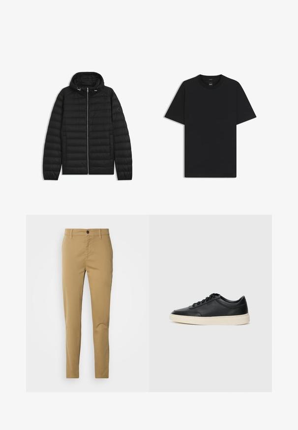 Svart puffjacka med huva, med quiltade paneler, framdragkedja och sidofickor. Inkluderar en liten logotyp på vänster ärm.; Svart kortärmad T-shirt i en mjuk bomullsblandning, med rundad halsringning och en minimalistisk design utan mönster eller detaljer.; Kaki byxor i bomull. Slim fit-design med en slät textur, framfickor och en enkel knappstängning i midjan.; Svart låg skor i läder med svarta snören och off-white sula, visas i sidoprofil på vit bakgrund.