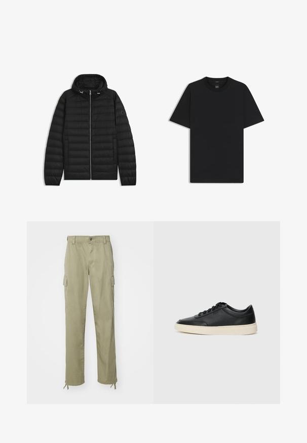 Giubbotto piumino nero con cappuccio, caratterizzato da pannelli trapuntati, una zip frontale e tasche laterali. Include un piccolo logo sulla manica sinistra.; Maglietta nera a maniche corte realizzata in un morbido misto cotone, con scollatura a girocollo e un design minimalista senza motivi o dettagli.; Pantaloni cargo color khaki in cotone, dotati di cintura elastica, due tasche laterali e cordini alle caviglie.; Sneaker in pelle nera a basso profilo con lacci neri e suola avorio, mostrato di profilo su sfondo bianco.