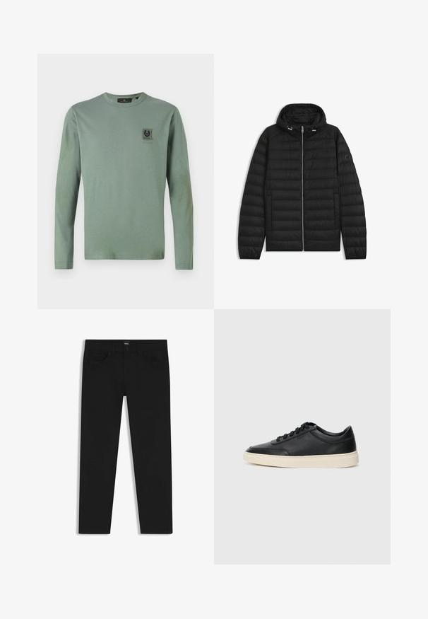 Black puffer jacket with a hood, featuring quilted panels, a front zipper, and side pockets. Includes a small logo on the left sleeve.; Long-sleeve t-shirt in muted green, made of soft fabric. Features a small black logo patch on the chest. Round neckline and fitted sleeves.; Black denim trousers with a straight cut, featuring a standard waistband, five pockets, and a button closure. Smooth texture throughout.; Black low-top leather sneaker with black laces and off-white sole shown in side profile on white background.