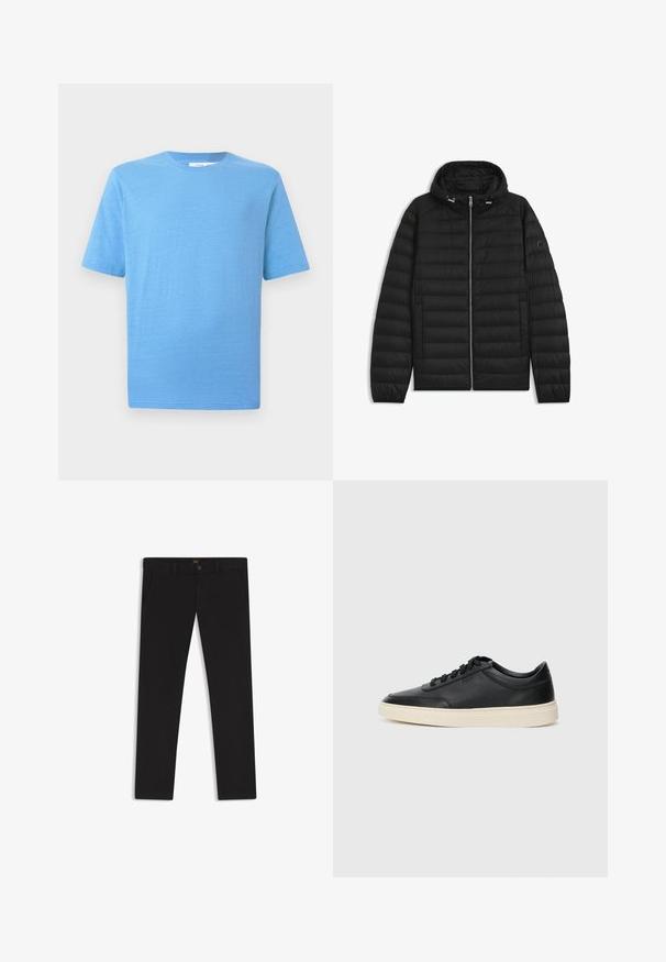 Giubbotto piumino nero con cappuccio, caratterizzato da pannelli trapuntati, una zip frontale e tasche laterali. Include un piccolo logo sulla manica sinistra.; T-shirt a maniche corte di colore azzurro chiaro, realizzata in tessuto morbido. Presenta un classico scollo tondo e orlo dritto, con un dettaglio di texture sottile.; Pantaloni neri realizzati in tessuto con una superficie liscia. Presentano una chiusura con bottone, passanti per cintura e tasche laterali. Design a gamba dritta standard.; Sneaker in pelle nera a basso profilo con lacci neri e suola avorio, mostrato di profilo su sfondo bianco.