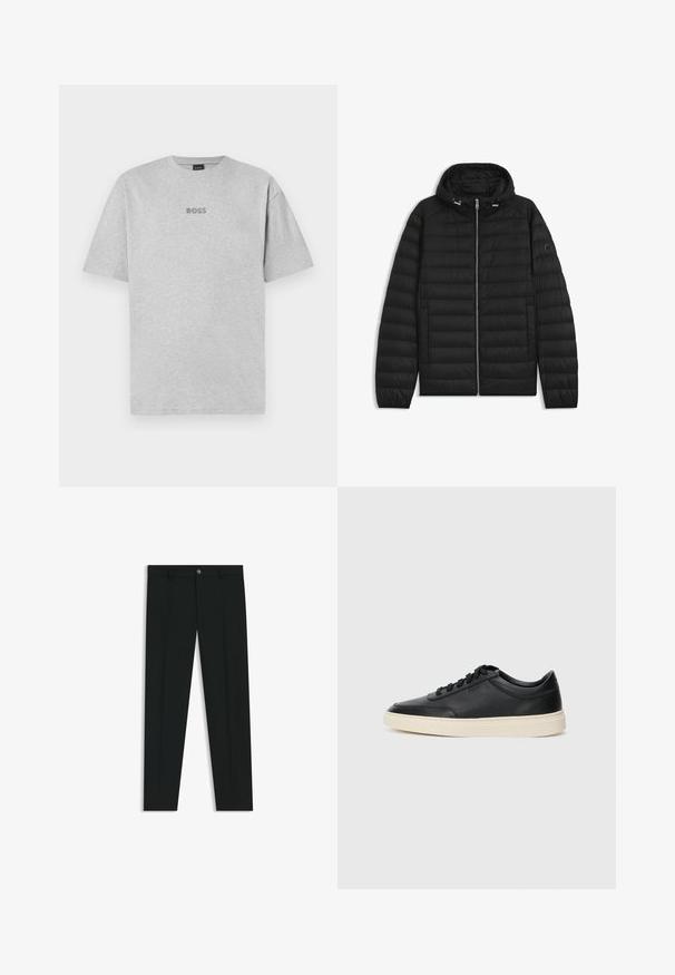 Sort puffjakke med hætte, der har quiltede paneler, en frontlynlås og sidelommer. Inkluderer et lille logo på venstre ærme.; Grå bomulds T-shirt, korte ærmer, rund halsudskæring, med et lille broderet "BOSS" logo i en mørkere grå farve centreret på brystet.; Sorte dressbukser med lige ben-design, lavet af glat stof. Har en frontlukning med knap og bæltestropper. Enkle uden mønstre.; Sort lavt top lædersneaker med sorte snørebånd og off-white sål vist i sideprofil på hvid baggrund.