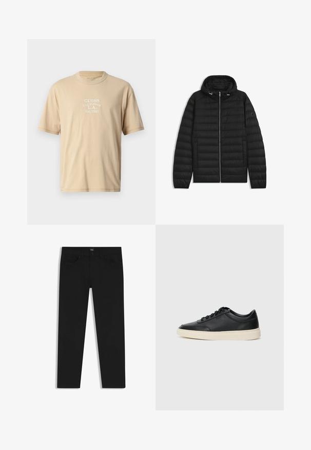 Sort puffjakke med hætte, der har quiltede paneler, en frontlynlås og sidelommer. Inkluderer et lille logo på venstre ærme.; Beige bomulds t-shirt med korte ærmer, der har hvid broderet tekst: "GUESS CALIFORNIA L.A. Est.1981" på forsiden. Ovale halsudskæring.; Sorte denimbukser med lige pasform, der har en standard talje, fem lommer og en knaplukning. Glat struktur over det hele.; Sort lavt top lædersneaker med sorte snørebånd og off-white sål vist i sideprofil på hvid baggrund.