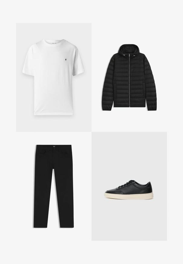 Schwarze Daunenjacke mit Kapuze, ausgestattet mit gesteppten Paneelen, einem Reißverschluss auf der Vorderseite und Seitentaschen. Enthält ein kleines Logo auf dem linken Ärmel.; Weißes Baumwoll-T-Shirt mit rundem Halsausschnitt, kurzen Ärmeln und einem kleinen schwarzen Logo auf der Brust. Weicher Stoff, lässige Passform.; Schwarze Denim-Hosen mit geradem Schnitt, ausgestattet mit einem Standardbund, fünf Taschen und einem Knopfverschluss. Angenehme, glatte Textur.; Schwarzer niedriger Ledersneaker mit schwarzen Schnürsenkeln und cremefarbenem Sohlenrand, seitlich auf weißem Hintergrund dargestellt.