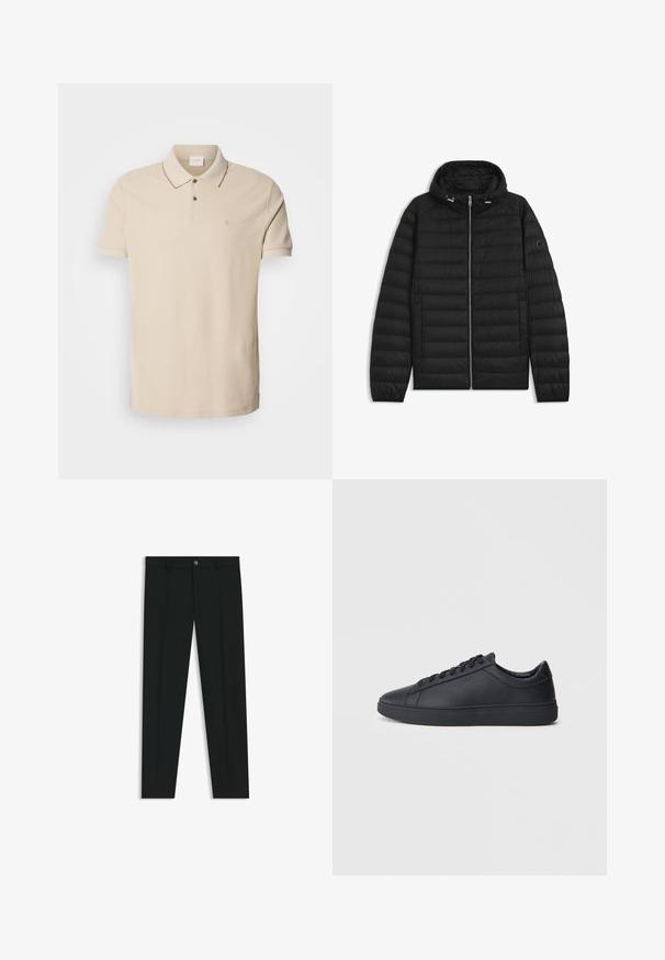 Musta puhvitakki hupparilla, jossa on tikatut paneelit, etuvetoketju ja sivutaskut. Mukana on pieni logo vasemmassa hihassa.; Beige polo paita, valmistettu puuvillasta, jossa on kaksinappinen kaulus, lyhyet hihat ja pieni logo rinnassa. Kontrastivärinen ompelu.; Musta housut, joissa on suora lahje, valmistettu sileästä kankaasta. Edessä nappisulku ja vyölenkit. Yksinkertainen ilman kuvioita.; Mustat lenkkarit, jotka on valmistettu sileästä nahasta, matalalla varrella, pyöreällä varvalla ja tasaisella kumipohjalla. Varusteena nauhat ja huomaamaton brändäys.