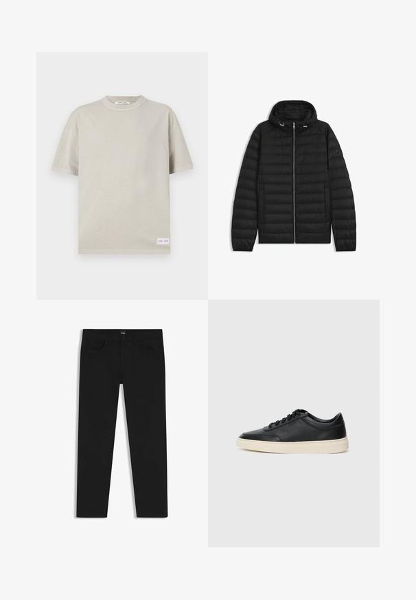 Schwarze Daunenjacke mit Kapuze, ausgestattet mit gesteppten Paneelen, einem Reißverschluss auf der Vorderseite und Seitentaschen. Enthält ein kleines Logo auf dem linken Ärmel.; Helles beige T-Shirt mit kurzen Ärmeln aus weichem Stoff, mit einem runden Ausschnitt und einem kleinen Etikett in der unteren linken Ecke.; Schwarze Denim-Hosen mit geradem Schnitt, ausgestattet mit einem Standardbund, fünf Taschen und einem Knopfverschluss. Angenehme, glatte Textur.; Schwarzer niedriger Ledersneaker mit schwarzen Schnürsenkeln und cremefarbenem Sohlenrand, seitlich auf weißem Hintergrund dargestellt.