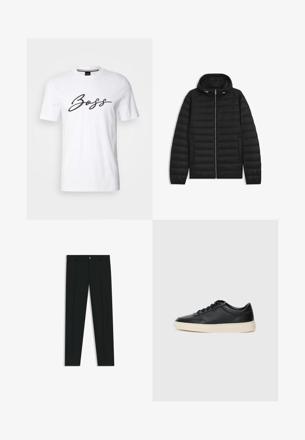 Svart puffjacka med huva, med quiltade paneler, framdragkedja och sidofickor. Inkluderar en liten logotyp på vänster ärm.; Vit bomullströja med korta ärmar som har svart kursiv text "Boss" över bröstet. Rund halsdesign, mjuk textur.; Svarta dressbyxor med rak bendesign, gjorda av ett mjukt tyg. Har stängning med frontknapp och bälteshällor. Enfärgade utan mönster.; Svart låg skor i läder med svarta snören och off-white sula, visas i sidoprofil på vit bakgrund.