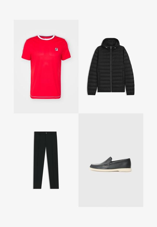 Czarna kurtka puchowa z kapturem, z pikowanymi panelami, z suwakiem z przodu i kieszeniami po bokach. Zawiera małe logo na lewym rękawie.; Czerwona koszulka sportowa z gładkiego materiału, z prążkowanym okrągłym dekoltem, białymi akcentami na rękawach oraz małym logo na lewej piersi.; Czarne spodnie materiałowe z prostymi nogawkami, wykonane z gładkiego materiału. Posiadają zamek na guzik z przodu oraz szlufki na pasek. Gładkie, bez wzorów.; Czarne skórzane slip-ony w stylu loafers z teksturowanym wykończeniem i kontrastującą beżową gumową podeszwą. Posiadają delikatny akcent wzdłuż przodu.