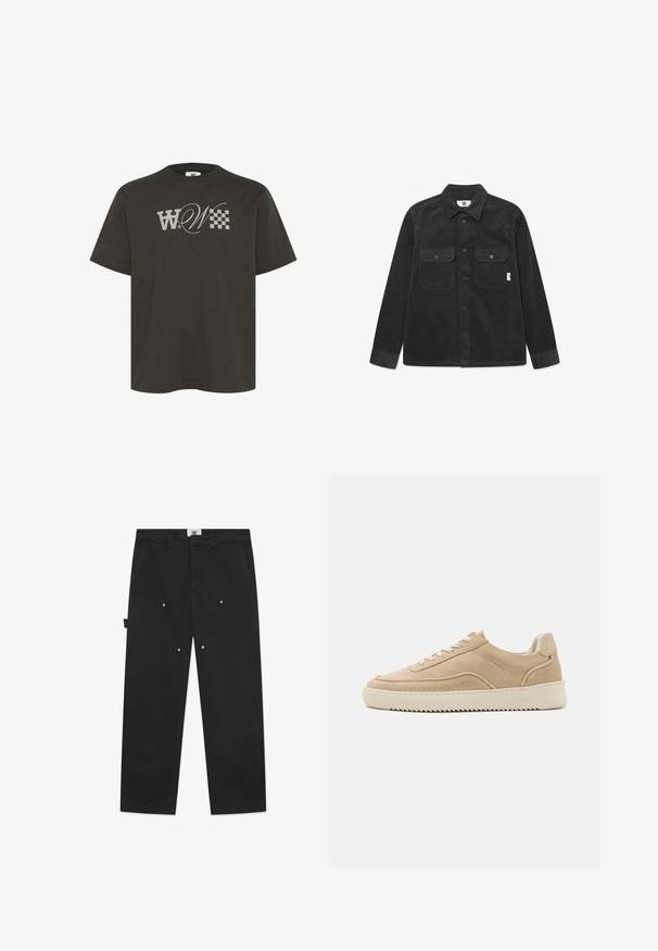 DOUBLE A BY W.W. CLAY - Letná bunda - black sand; Tmavošedé bavlnené tričko s veľkým, štýlovým logom "W" a kockovaným vzorom na prednej strane. Krátke rukávy a okrúhly výstrih.; Čierne bavlnené nohavice majú rovný strih, viditeľné švy, bočné vrecká a kovové cvoky na predných paneloch.; Béžové semišové tenisky s okrúhlou špičkou, šnurovaním vpredu a textúrovanou bielou gumovou podrážkou. Obsahujú subtílne šitie a logo značky na päte.