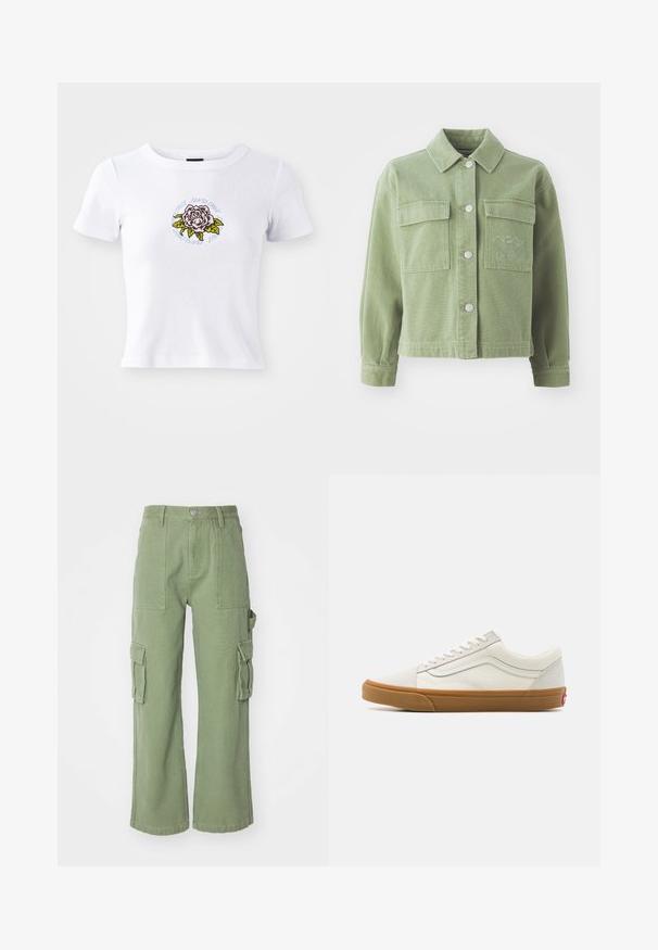 Zaļš džinsas žakets ar apkakli, divām krūšu kabatām, sudraba pogām un izšuvumu kreisajā kabatā.; Baltas īsās piedurknes T-krekls ar pieguļošu dizainu, kura centrā ir izšūta rozes grafika un ap ziedu ir apļveida teksts.; Zaļi kokvilnas bikses ar plaša kāju dizainu, apgādātas ar diviem lieliem sānu kabatām un pogu aizdari jostasvietā. Strukturēts audums.; Baltās auduma zemas tenisa kurpes ar gumijas zoli, noapaļots purngals, saišu aizdare un sānu ādas svītra.