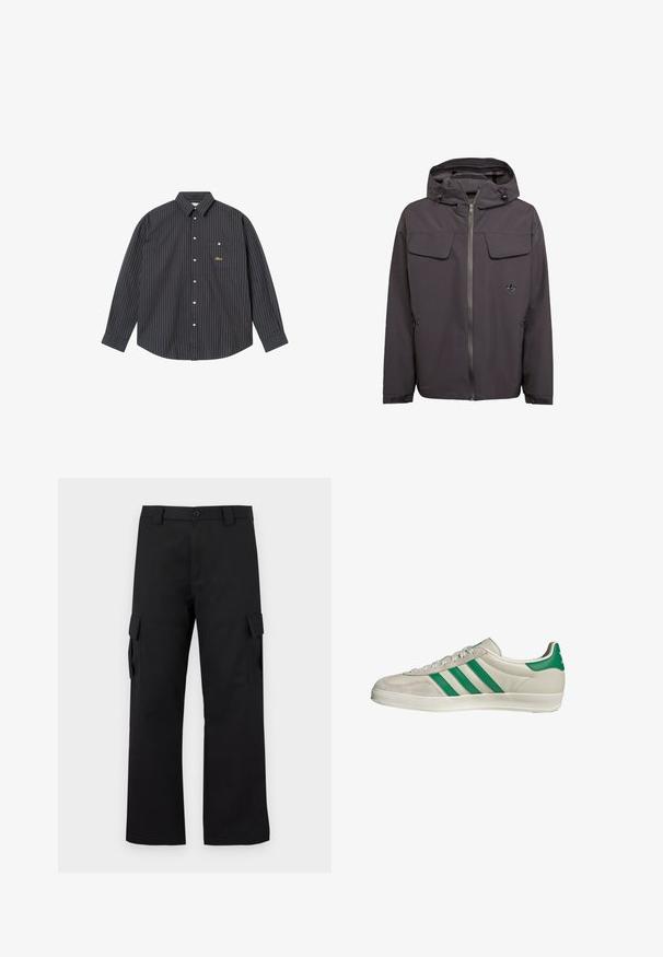 Grauer Kapuzenjacke aus einem glatten, wasserabweisenden Material. Verfügt über zwei Brusttaschen, seitliche Reißverschlusstaschen und ein gesticktes Logo.; Marineblaue Langarmbluse mit dünnen vertikalen Streifen in Hellblau und Orange, einem knöpfbaren Kragen, einer einzelnen Brusttasche und gesticktem Logo.; Schwarze Cargo-Hosen mit geradem Bein Design. Hergestellt aus strapazierfähigem Stoff, mit zwei Seitentaschen mit Klappen und einem Knopfverschluss.; Beige Sneaker mit grünen Streifen, ausgestattet mit einer weißen Sohle und einem Obermaterial aus glattem Leder. Seitenansicht, die die Schnürdetails und das Logo hervorhebt.