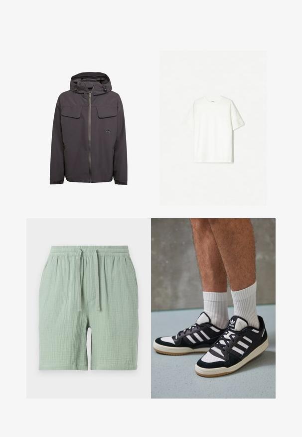 Szara, kapturowa kurtka wykonana z gładkiego, wodoodpornego materiału. Posiada dwie kieszenie na piersi, boczne kieszenie na zamek oraz wyszywane logo.; Biała koszulka z krótkim rękawem, wykonana z miękkiej bawełny. Krój z okrągłym dekoltem, luźny fason bez widocznych logo czy wzorów.; Jasnozielone bawełniane szorty z elastycznym pasem i sznurkiem. Teksturowana, lekko pomarszczona tkanina, z boczną kieszenią.; Czarno-białe sneakersy z zamszową i skórzaną cholewką, z trzema białymi paskami, perforowanym czubkiem i gumową podeszwą w kolorze gumy.