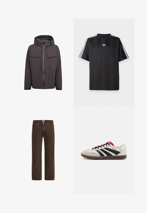 Šedá kapucová bunda z hladkého, voděodolného materiálu. Obsahuje dvě náprsní kapsy, boční kapsy na zip a vyšitý logo.; Černé tričko s krátkým rukávem s bílými třemi pruhy na ramenou a malým bílým logem na hrudi. Hladká textilie.; Hnědé denimové džíny se střihem rovného nohavice, designem se pěti kapsami a kovovými detaily. Obsahují zapínání na knoflík a značkovou cedulku na pásu.; Bílé a černé tenisky s červenými akcenty, s vrškem ze semišové a kožené kombinace, třemi černými pruhy, plochými tkaničkami a strukturovanou gumovou podrážkou.