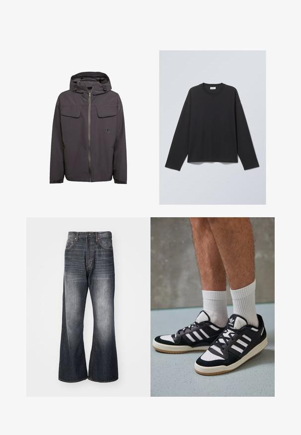 Šedá kapucová bunda z hladkého, voděodolného materiálu. Obsahuje dvě náprsní kapsy, boční kapsy na zip a vyšitý logo.; Černé tričko s dlouhým rukávem vyrobené z měkké tkaniny. Obsahuje kulatý výstřih a uvolněný střih. Švy na ramenou, minimalistický design.; Weekday TIME LOOSE BOOTCUT - Džíny Straight Fit - ash black; Černobílé tenisky s vrchní částí z semišové a kožené kůže, včetně tří bílých pruhů, perforovaného špičky a podrážky z gumy.