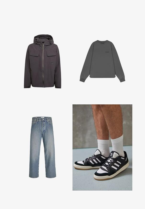 Grå huva jacka i ett slätt, vattentåligt material. Har två bröstfickor, sidofickor med dragkedja och en broderad logotyp.; Grå långärmad sweatshirt i mjuk bomull, med rund hals, avslappnad passform och en liten logotyp på vänster framsida.; Ljusblå denimjeans med lös passform, hög midja och raka ben. Har framfickor och en metallknappsstängning.; Svartvita sneakers med ovandel i mocka och läder, med tre vita ränder, perforerad tå och sula av gummigummi.