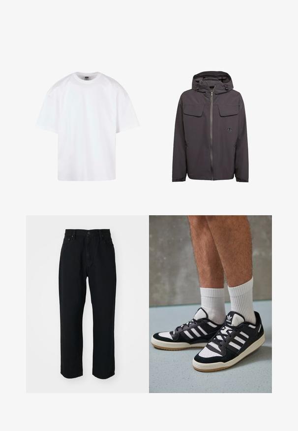 Harmaa huppari sileästä, vettä hylkivästä materiaalista. Siinä on kaksi rintataskua, sivuilla vetoketjutaskut ja embroidoitu logo.; Valkoinen puuvillapaita, jossa on pyöreä pääntie, lyhyet hihat ja rento istuvuus. Sisältää yksinkertaisen suunnittelun ja sileän tekstuurin.; Musta farkkushortsit, joissa on suora leikkaus, kevyt kangas, viisi taskua ja nappikiinnitys vyötäröllä.; Valkoiset ja mustat tennarit, joissa on mokkanahka- ja nahkapäällinen, kolme valkoista raitaa, rei'itetty kärki ja kumipohja.